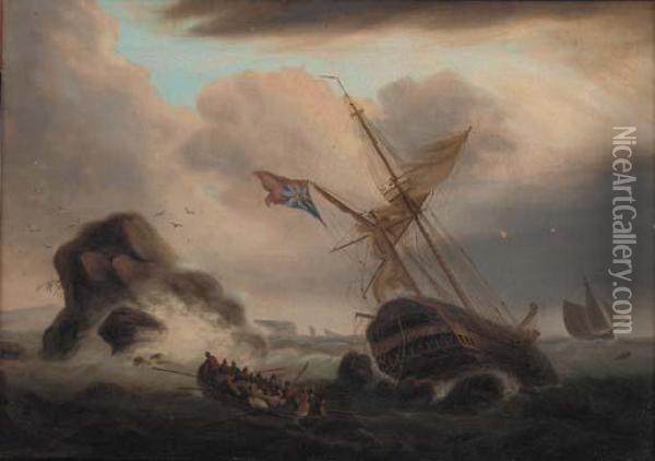 A Ship Foundering Off A Rocky 
Coastline With Survivors In A Rowing Boat Heading For Shore Oil Painting - Thomas Luny