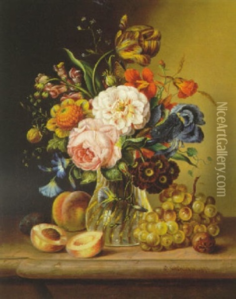 Floral Still Life On A Ledge With Peaches And Grapes Oil Painting - Carl Schellein