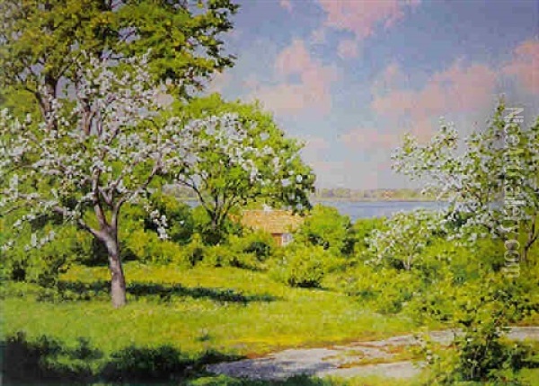 Sommaridyll, Med Rod Stuga Och Blommande Frukttrad Oil Painting - Johan Fredrik Krouthen