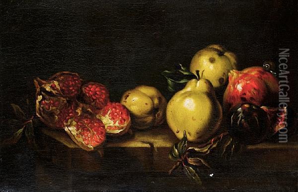 Quinces, Pomegranates And A Fig With A Snailon A Table Top Oil Painting - Agostino Verrocchi