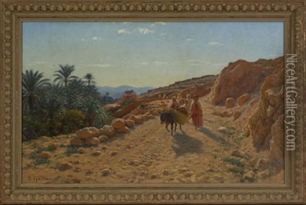 Desert Landscape With Figure On A Road Oil Painting - Antoine Gadan