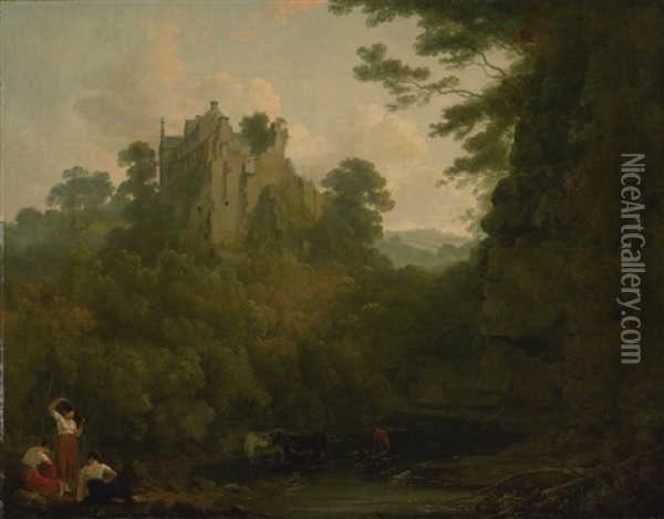 View Of Hawthornden Castle On The River North Esk, Midlothian, Scotland Oil Painting - Julius Caesar Ibbetson