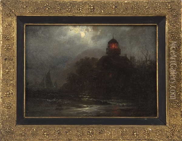 Lighthouse And Sailboat Under Moonlight Oil Painting - Franklin Dullin Briscoe