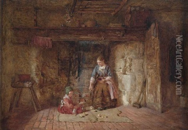 Interieur Eines Bauernhauses. Vor Dem Kamin Futtert Die Bauerin Mit Ihrer Tochter Kuken Oil Painting - Alfred Provis