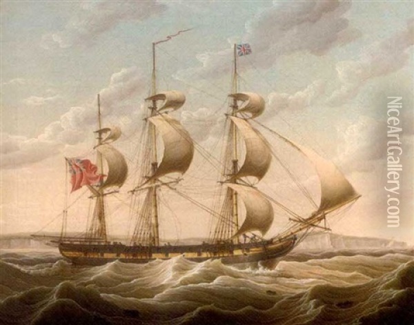 An Armed Merchantman Running Up The Channel, With Dover Off Her Port Bow Oil Painting - Robert Salmon