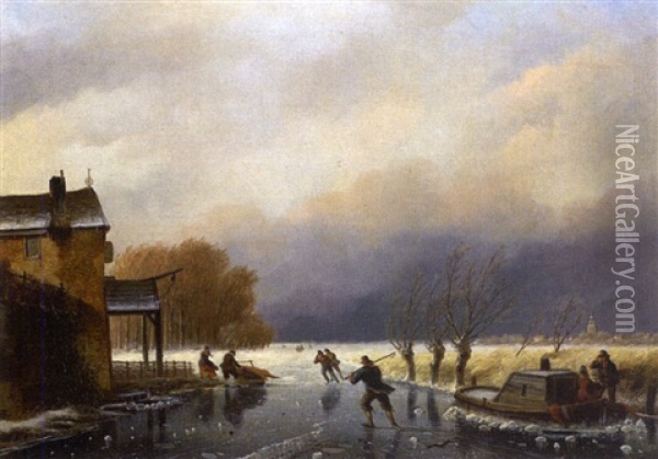 Scene De Patinage En Hiver Oil Painting - Nicolaas Johannes Roosenboom