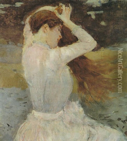 A Young Beauty Brushing Her Hair Oil Painting - Paul Cesar Helleu