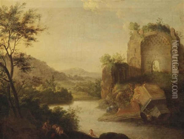 A Wooded Landscape With Bathing Nymphs Near Classical Ruins Oil Painting - Bartholomeus Breenbergh