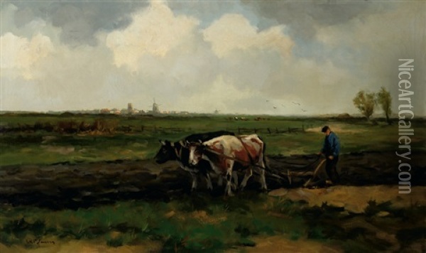 A Farmer Ploughing In A Landscape Oil Painting - Willem George Frederik Jansen