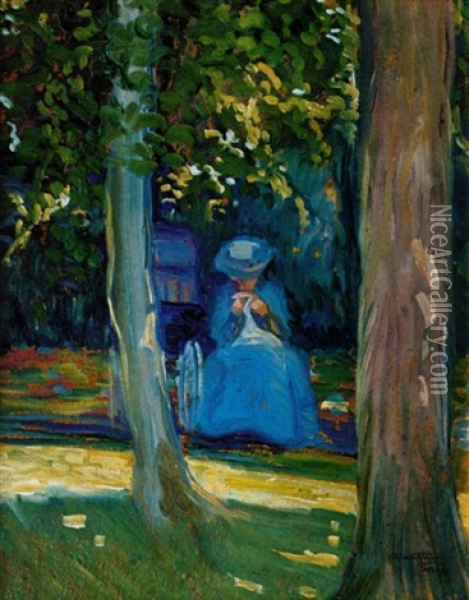 Abuela Y Bebe En El Parque Oil Painting - Carlos Alberto Castellanos