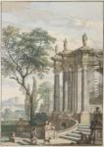 Un Paysage Avec Un Temple Ionique Et Une Fontaine Decoree De Sphinxailes Oil Painting - Isaac de Moucheron