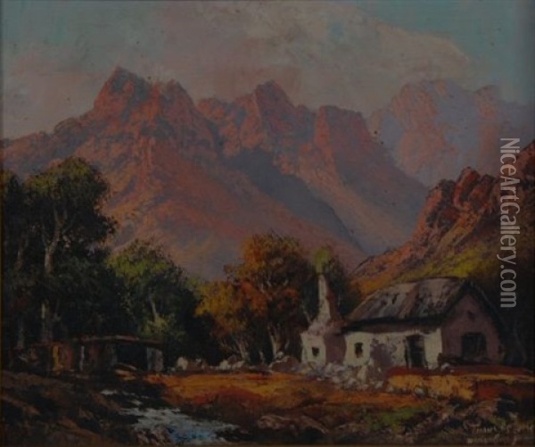 A Cottage Beside A Stream In The Mountains Oil Painting - Tinus de Jongh