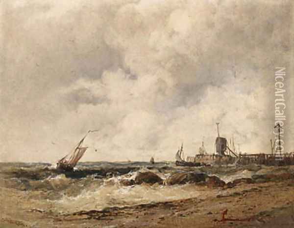 Shipping off a pier in stormy seas Oil Painting - James Webb