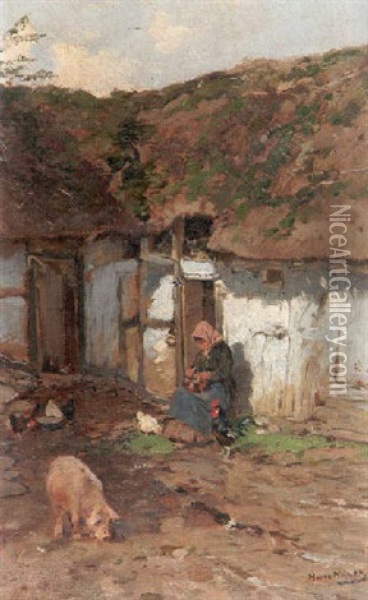 Bauerin Vor Kate Oil Painting - Hugo Muehlig