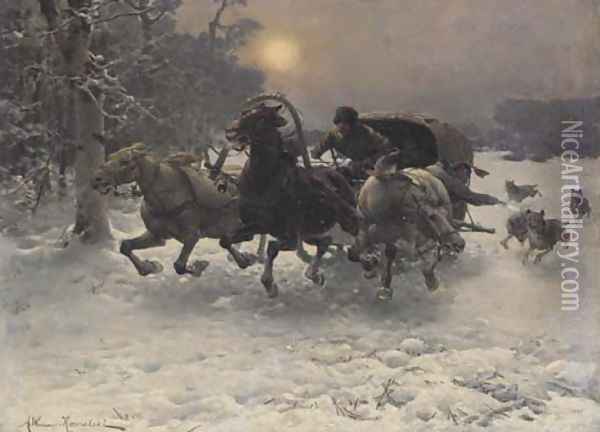 Pursuit of Wolves Oil Painting - Alfred Wierusz-Kowalski