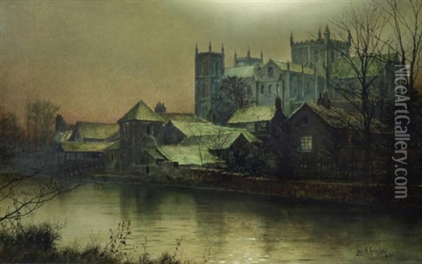 Ripon Minster Beside The River Swale Oil Painting - Louis H. Grimshaw
