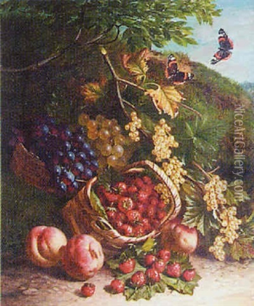 Still Life Of An Overturned Basket Of Strawberries, Other Fruits And Butterflies On A Mossy Bank Oil Painting - Thomas Worsey