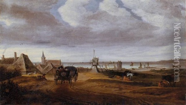 A Coastal Landscape With Carriages On A Track Approaching A Village, Boats And Figures On The Strand Beyond Oil Painting - Salomon van Ruysdael