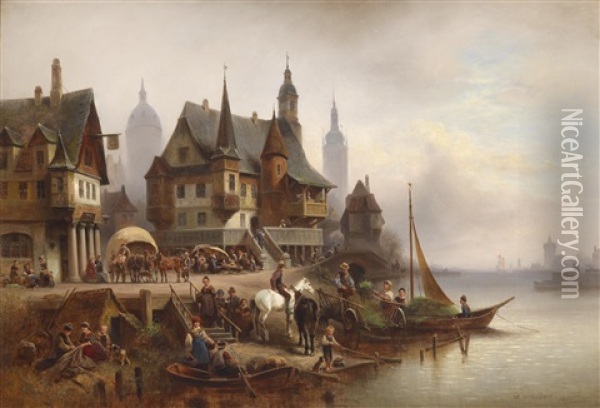 Reges Treiben Am Flussufer Oil Painting - Wilhelm Alexander Meyerheim