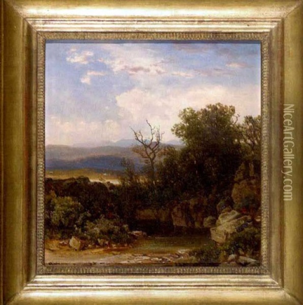 Fels- Und Baumgesaumtes Gewasser Vor Weiter, In Die Tiefe Gestaffelter Berglandschaft Oil Painting - Otto Reinhold Jacobi