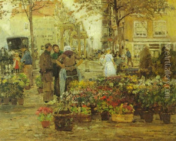 Blumenmarkt, Rotterdam Oil Painting - Hans Herrmann