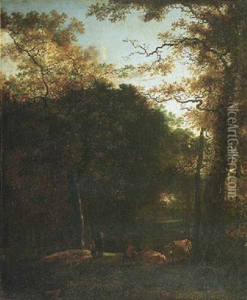 A Wooded Landscape With Cattle And Figures In A Woodland Clearing Oil Painting - Adam Pynacker
