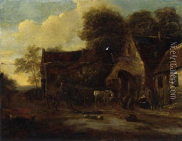 A Village Landscape With Travellers And A Wagon By An Inn Oil Painting - Barend Gael