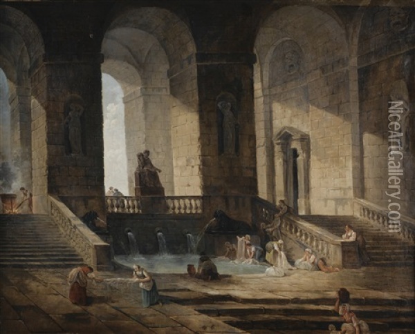 Lavandieres Dans Une Architecture Romaine Oil Painting - Hubert Robert