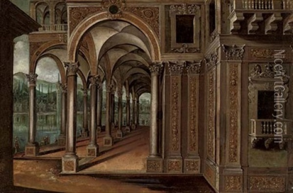 A Capriccio Of A Lakeside Palace With Elegant Company Oil Painting - Paul Vredemann van de Vries