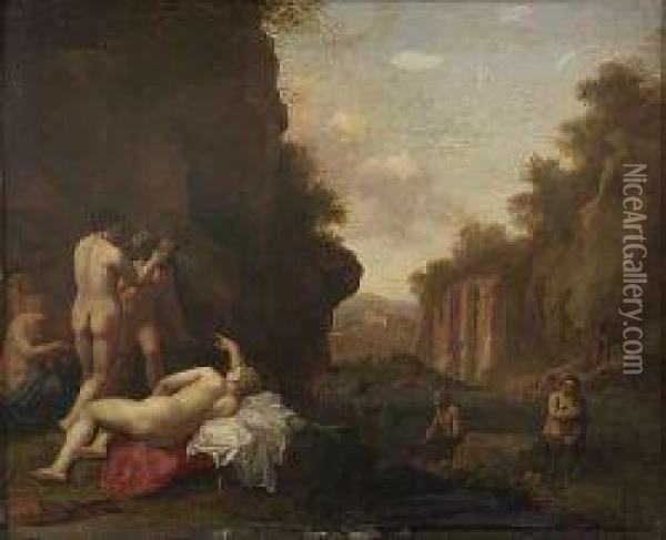 Diana And Her Nymphs Bathing, Surprised By Actaeon Oil Painting - Cornelis Van Poelenburch