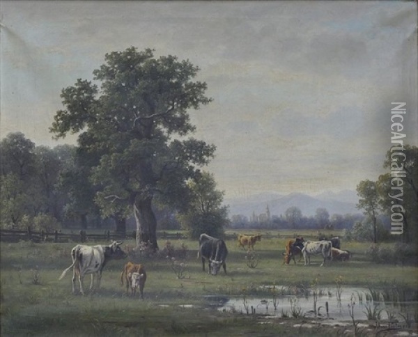 Voralpenlandschaft, Im Vordergrund Weidende Rinder Oil Painting - Jacobus Johannes Van Poorten