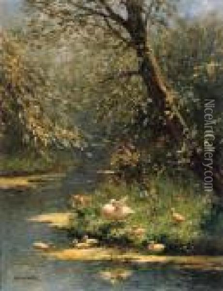 A Duck And Ducklings On A Sunlit Riverbank Oil Painting - David Adolf Constant Artz