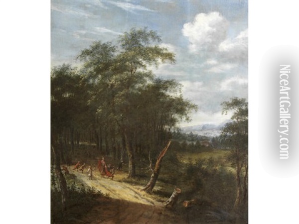 A Wooded Landscape With Children Playing On A Path (+ A Wooded Landscape With Figures On A Track; Pair) Oil Painting - Dionys Verburgh