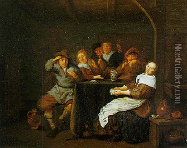 Peasants Gathered Around A Table Drinking And Playing Cards Oil Painting - Jan Miense Molenaer