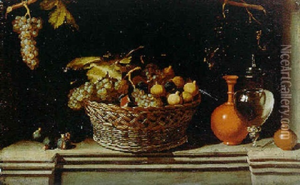 Grapes And Pomegranates In A Basket With Pottery And Glass Vessels On A Ledge Oil Painting - Juan Van Der Hamen Y Leon