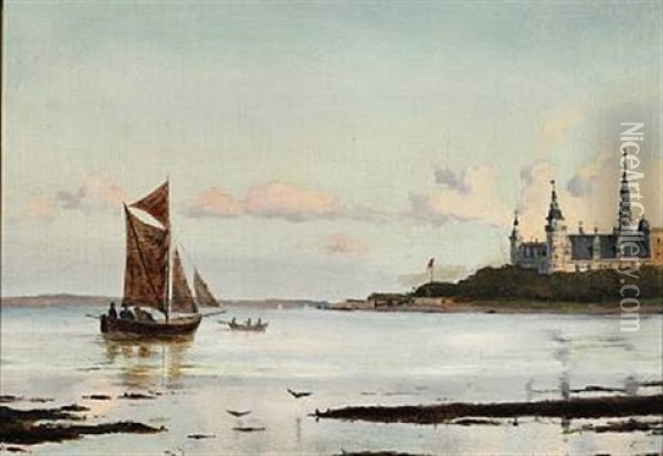 View Of Oresund With Kronborg Castle, In The Foreground Men Rowing Oil Painting - Ioannis (Jean H.) Altamura