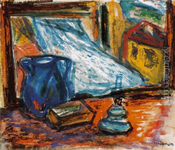 Szentendrei Lampas Csendelet Libbeno Fuggonnyel (still Life With A Lamp And A Fluttering Curtain In Szentendre) Oil Painting - Imre Amos