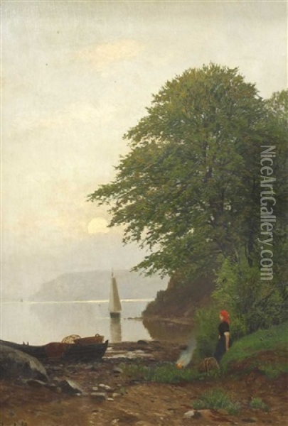 Fischerin Am Ufer Mit Reuse Und Lagerfeuer Oil Painting - Ferdinand Theodor Hoppe