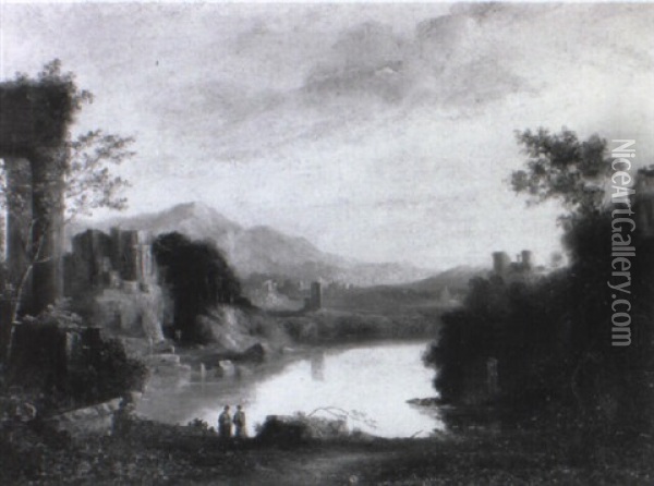 An Extensive Lake Landscape With Ruins Oil Painting - George Lambert