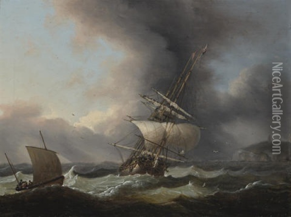 A Frigate Off The Coast Oil Painting - Thomas Luny