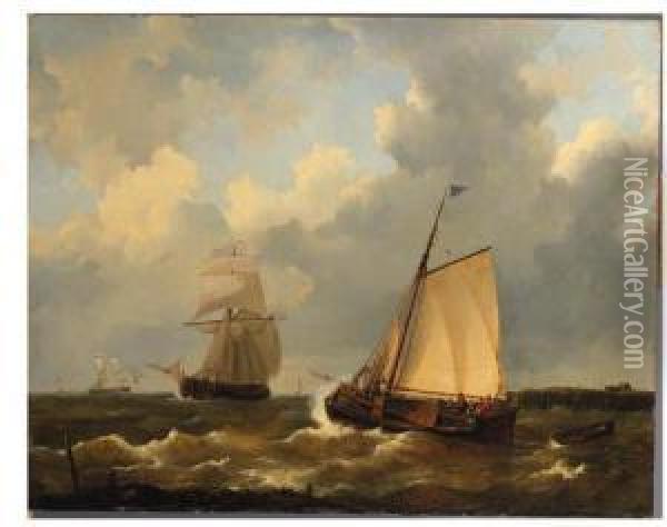 Busy Shipping Lanes Off The Dutch Coast Oil Painting - Johannes Christian Schotel