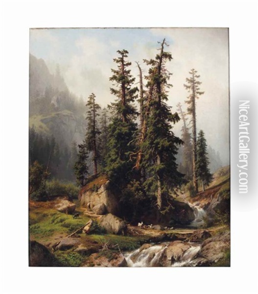A Shepherd And Goats In A Mountainous Landscape Oil Painting - Joseph Jansen
