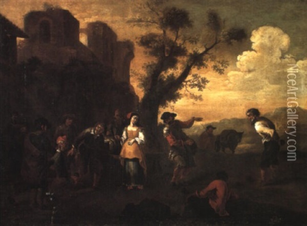 Peasants Dancing Beside The Walls Of A Fortified Town Oil Painting - Michelangelo Cerquozzi