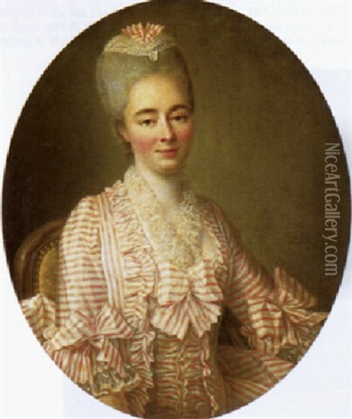 Portrait Of A Lady (yvonette Moulin De La Raciniere?) In A Pink And White Dress Oil Painting - Francois Hubert Drouais