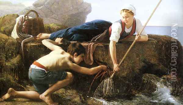 Pecheuses de Crevettes Oil Painting - Alfred Guillou