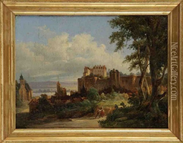 Promeneurs Dans Un Paysage De Collines Et Couple De Promeneurs Pres D'un Chateau (pair) Oil Painting - Charles Caius Renoux