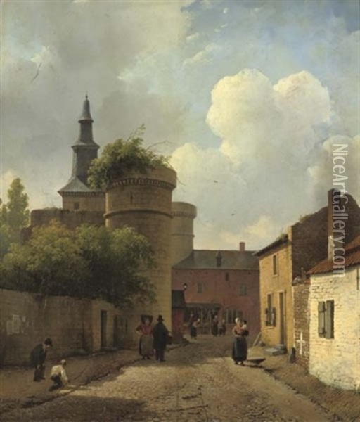 Playing Marbles In A Sunlit Dutch Town Oil Painting - Andreas Schelfhout