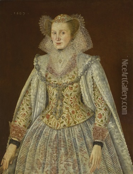 Portrait Of A Lady, Three-quarter Length, Wearing An Embroidered Waistcoat, With Lace Collar And Cuffs Oil Painting - Robert Peake the Elder