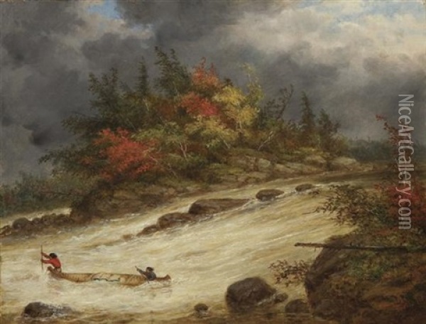 Indians Canoeing In The Rapids Oil Painting - Cornelius David Krieghoff