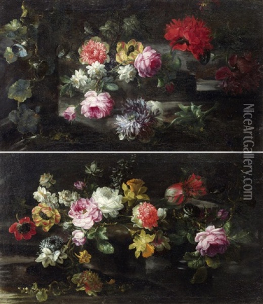 Pair Of Works: Arrangements Of Flowers On A Stone Plinth Oil Painting - Margherita Caffi